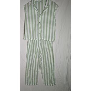 Womens 2 Piece Lounge Set Sz Small Green white pinstripe beach coastal Pajamas